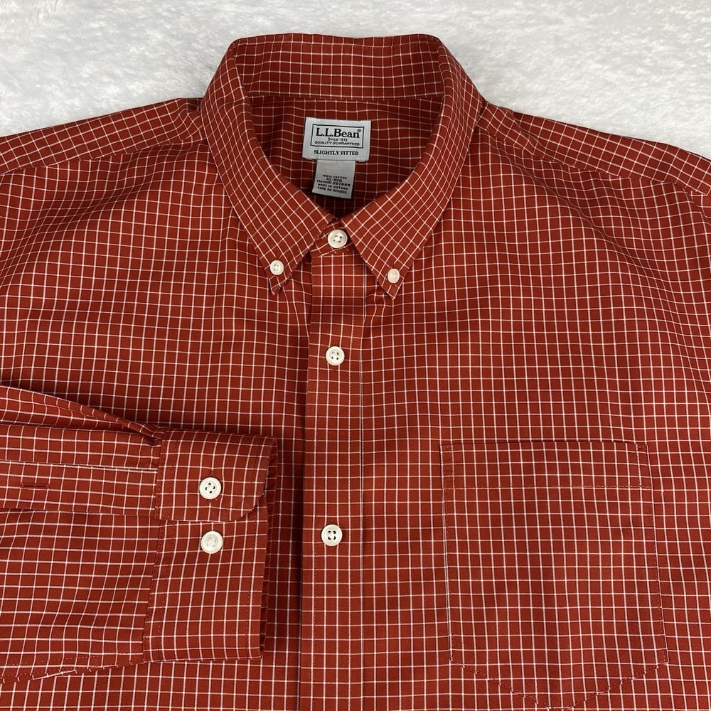 L.L. Bean Shirt Mens XL Dark Orange/White Checks Slightly Fitted 100% Cotton